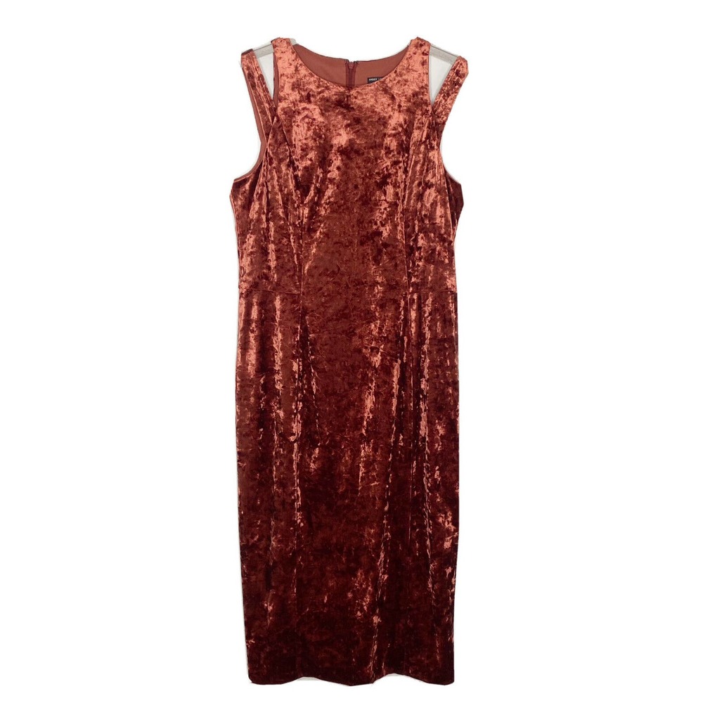 NWT Maggy London Burnt Red Crushed Velvet Cold Open Shoulder MIDI Dress Sz 10